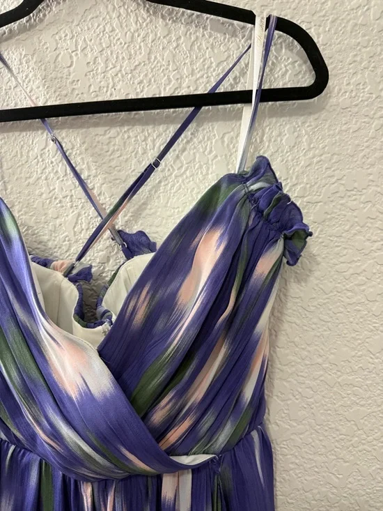 Purple Blue Abstract Print Dress | Flowy Fit & Flare Mini | 100% Silk | Size 8 - Picture 3 of 16